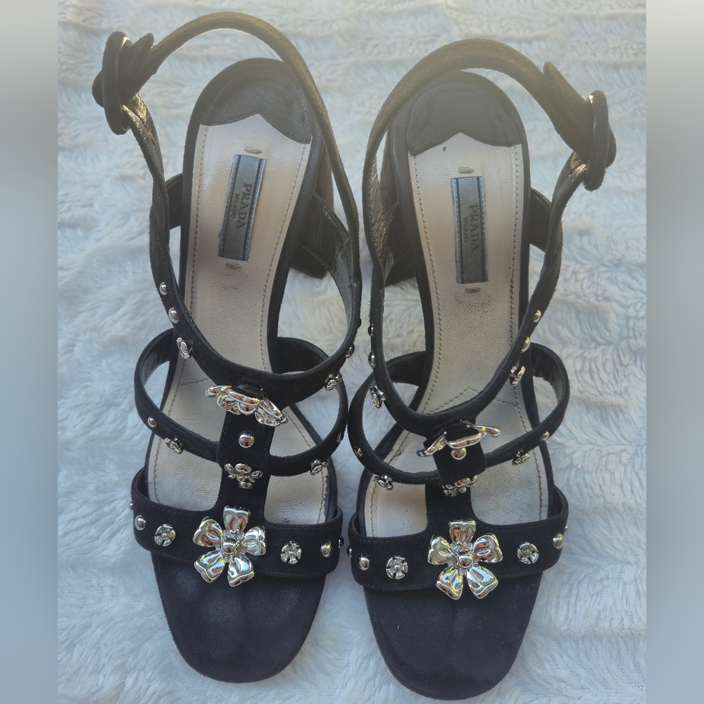 Prada Black Suede Multi-Strap Heels with Crystal Flower Accents - Picture 11 of 11